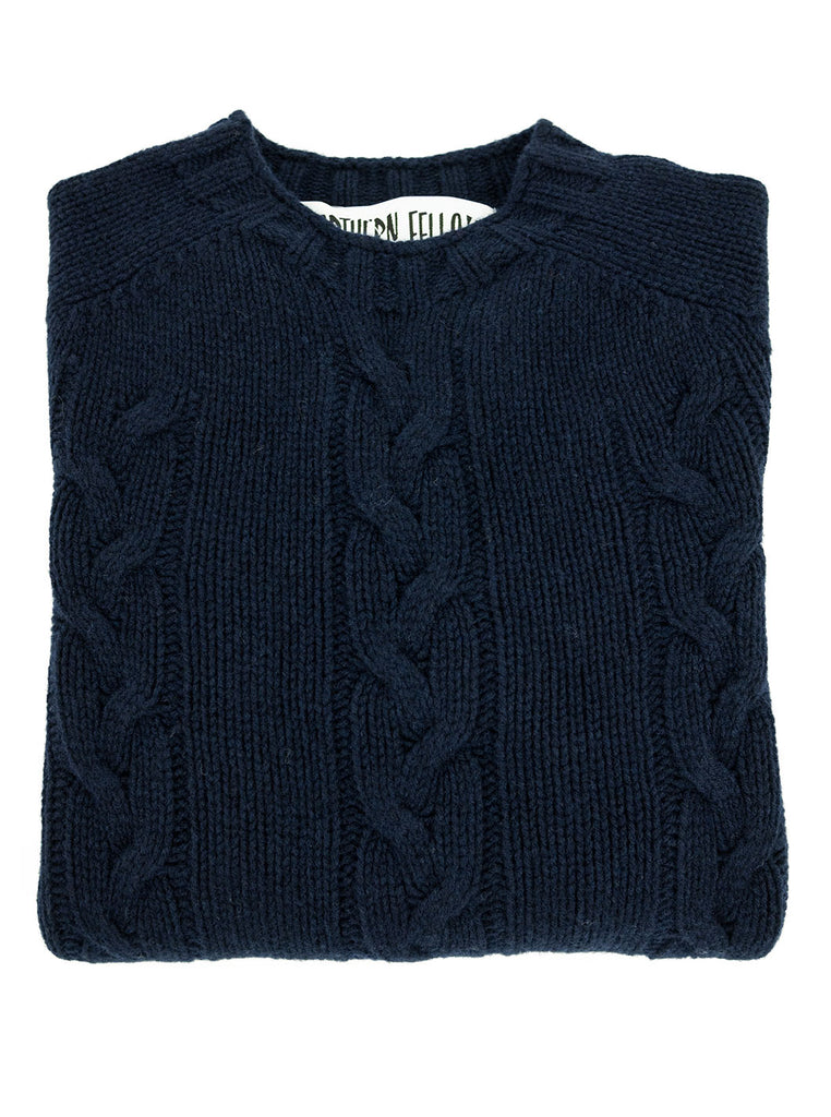 The Northern Fells Clothing Company Cable Knit Sweater Made in Scotland Navy Folded