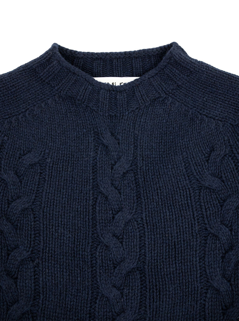 The Northern Fells Clothing Company Cable Knit Sweater Made in Scotland Navy Neck